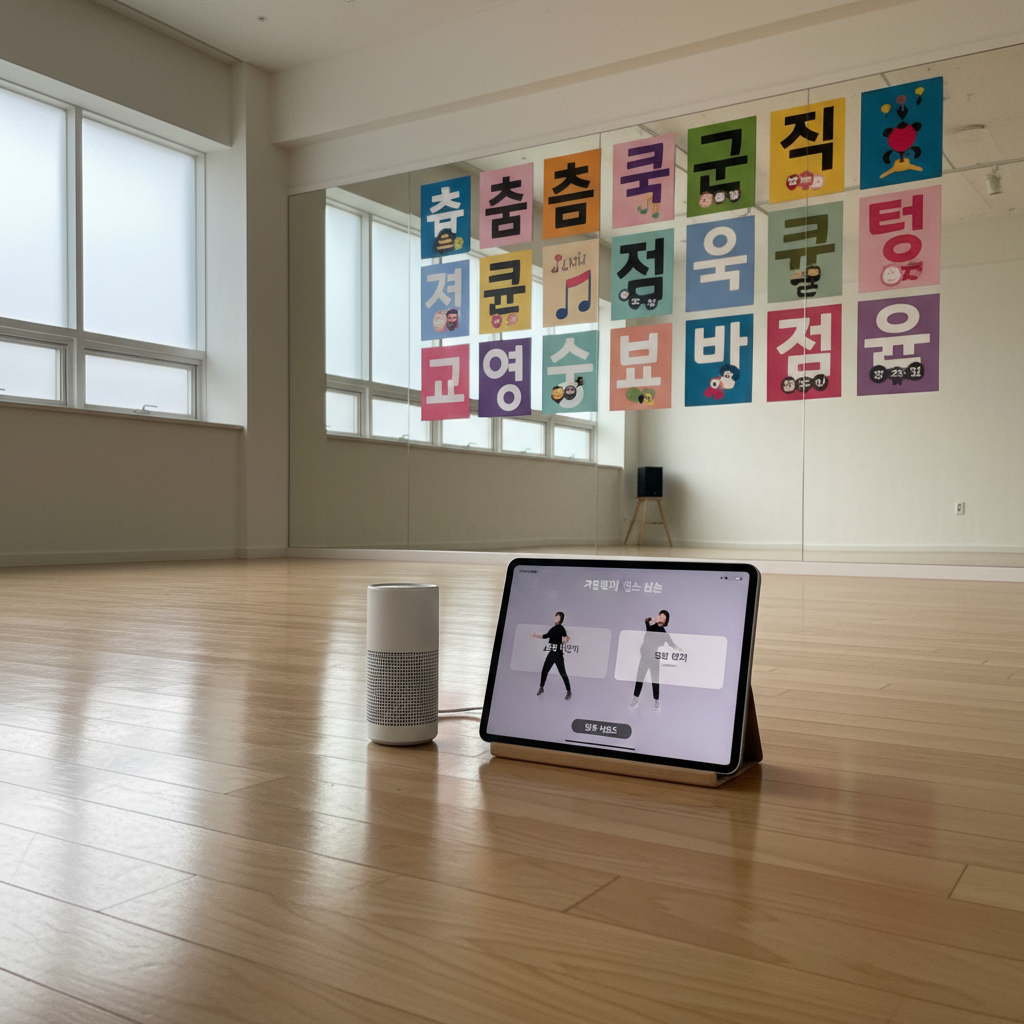 A serene studio interior with a polished light-wood floor and a large wall-length mirror reflecting colorful, abstract Korean vocabulary posters arranged in a grid. In the center of the room, a portable speaker and an open tablet on a low stand show a paused community dance lesson interface with clear Korean text labels. Diffused afternoon light filters through high frosted windows, washing the space in a soft glow and creating faint reflections on the floor. The composition is wide-angle, capturing the spaciousness of the studio while keeping the tablet and posters in sharp focus. Photographic realism with a clean, minimalist aesthetic, expressing an energetic yet organized environment where Korean language learning and dance practice harmoniously coexist.