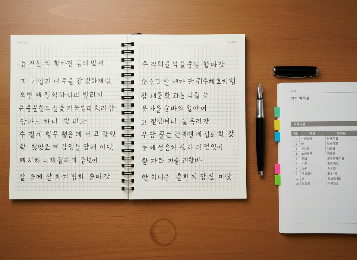 A top-down view of a tidy desk setup featuring an open spiral notebook with clean, carefully written Hangul practice lines, each character spaced evenly on faint grid lines. Next to it lies a sleek black fountain pen with a silver nib, its cap resting nearby. A slim Korean grammar reference book, marked with colored sticky tabs, lies partially open, revealing neatly printed tables of particles. A subtle cup ring on the wooden desk surface hints at long study sessions. Soft overhead lighting creates gentle, even illumination with minimal shadows, highlighting the paper texture and ink strokes. Photographic realism with a calm, studious mood, designed to communicate disciplined, professional Korean language study practices.