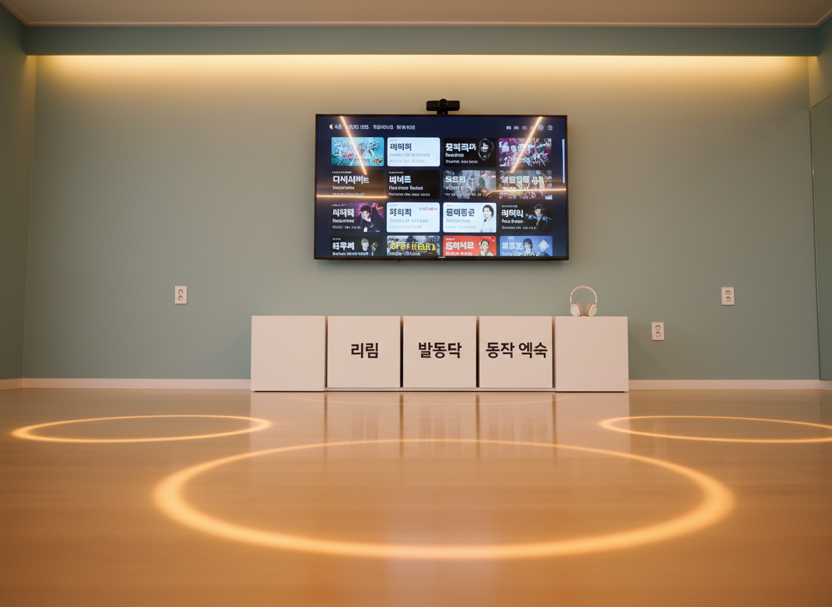 A vibrant dance studio corner where a wall-mounted flat screen displays a paused Korean pop song playlist interface, with song titles written in crisp Hangul and small English subtitles. Beneath the screen sits a low white console with an organized row of labeled storage boxes for “리듬”, “발동작”, and “동작 연습”, each printed in bold black Korean text. A pair of neatly placed wireless headphones rests on the console. Warm overhead LED lighting reflects softly off the smooth vinyl dance floor, adding depth and subtle highlights. Captured from a slightly low angle to emphasize the screen and labels, the photographic realism and clean, contemporary design underscore a structured yet dynamic environment for community dance workshops integrated with Korean language learning.
