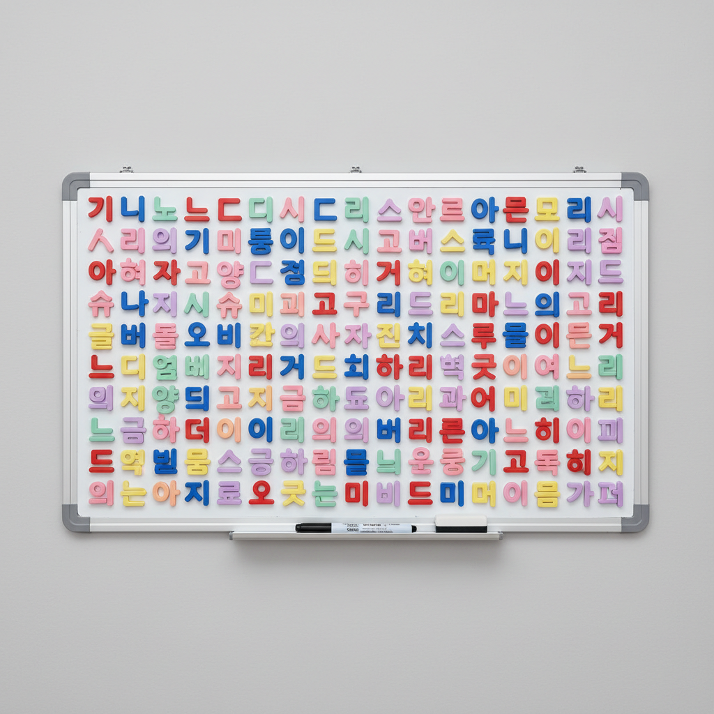 A close-up of a white magnetic board mounted on a light gray wall, covered with neatly arranged colorful magnets in the shape of Korean Hangul consonants and vowels. Each magnet has a matte finish and distinct primary or pastel color, creating a vibrant learning mosaic. Below, a slim chalk ledge holds a black dry-erase marker and a small eraser. Soft, even studio lighting illuminates the board without harsh reflections, casting only the faintest shadow along the frame. Shot straight-on at eye level with sharp focus across the entire surface, the composition feels structured and professional. Photographic realism emphasizes the tactile quality of the magnets, evoking an interactive, engaging approach to Korean language education for learners of all ages.