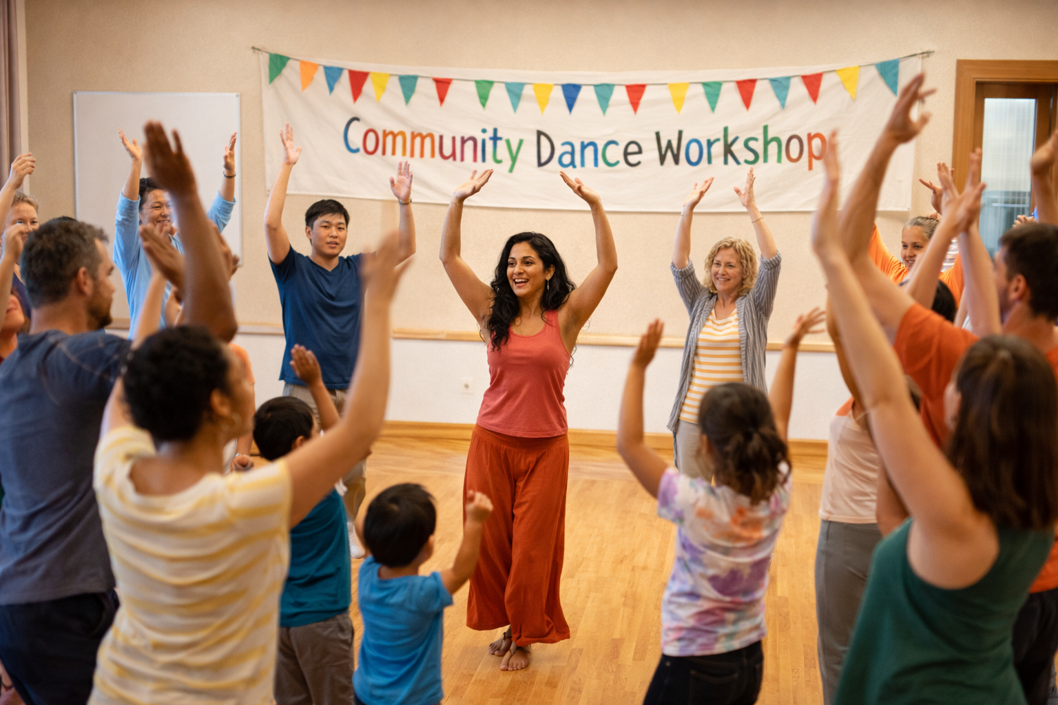 Group of adults and children raising arms in a community dance workshop